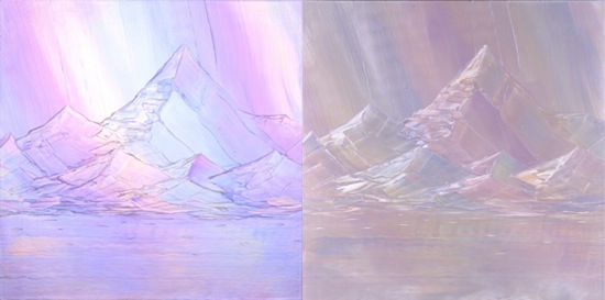 「UROBOROS（mount）」、2008、（右：別ライティング写真）、acrylic on cotton、90 x 90 cm