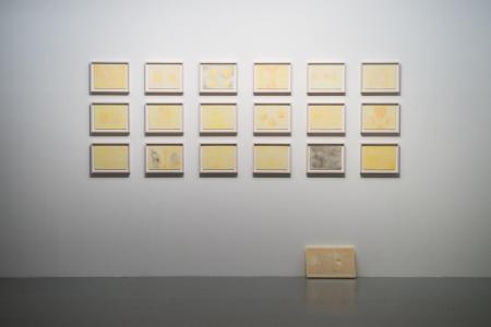 He Xiangyu, "Everything We Create Is Not Ourselves,” 2014, watercolor on paper, set of 18, 23 x 31 cm each; "Everything We Create Is Not Ourselves,” 2014, wax, 29.5 x 47 x 5 cm; photo by Nobutada OMOTE | SANDWICH