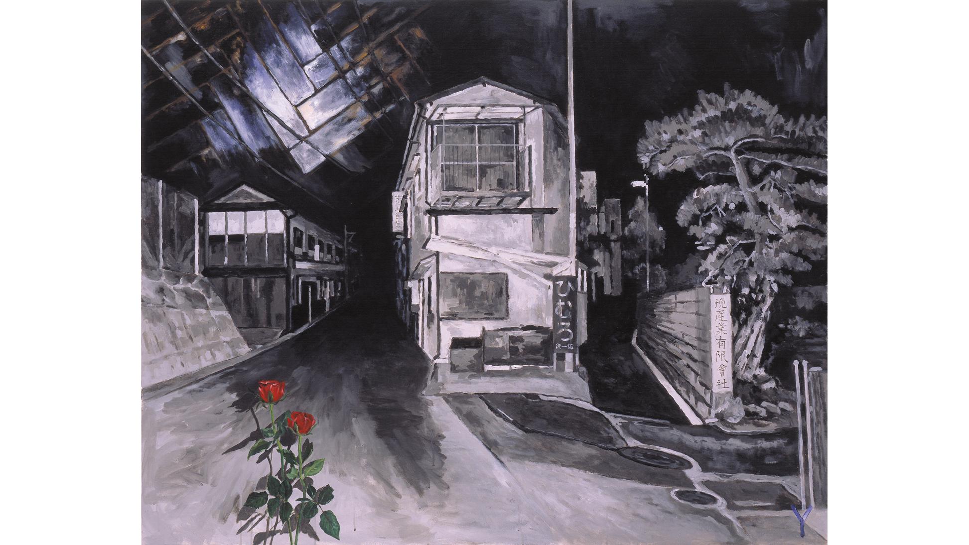 Tadanori Yokoo, A Dark Night's Flashing: Floor and Rose, 2001, Acrylic on canvas,h.130.3 x w.162.1cm