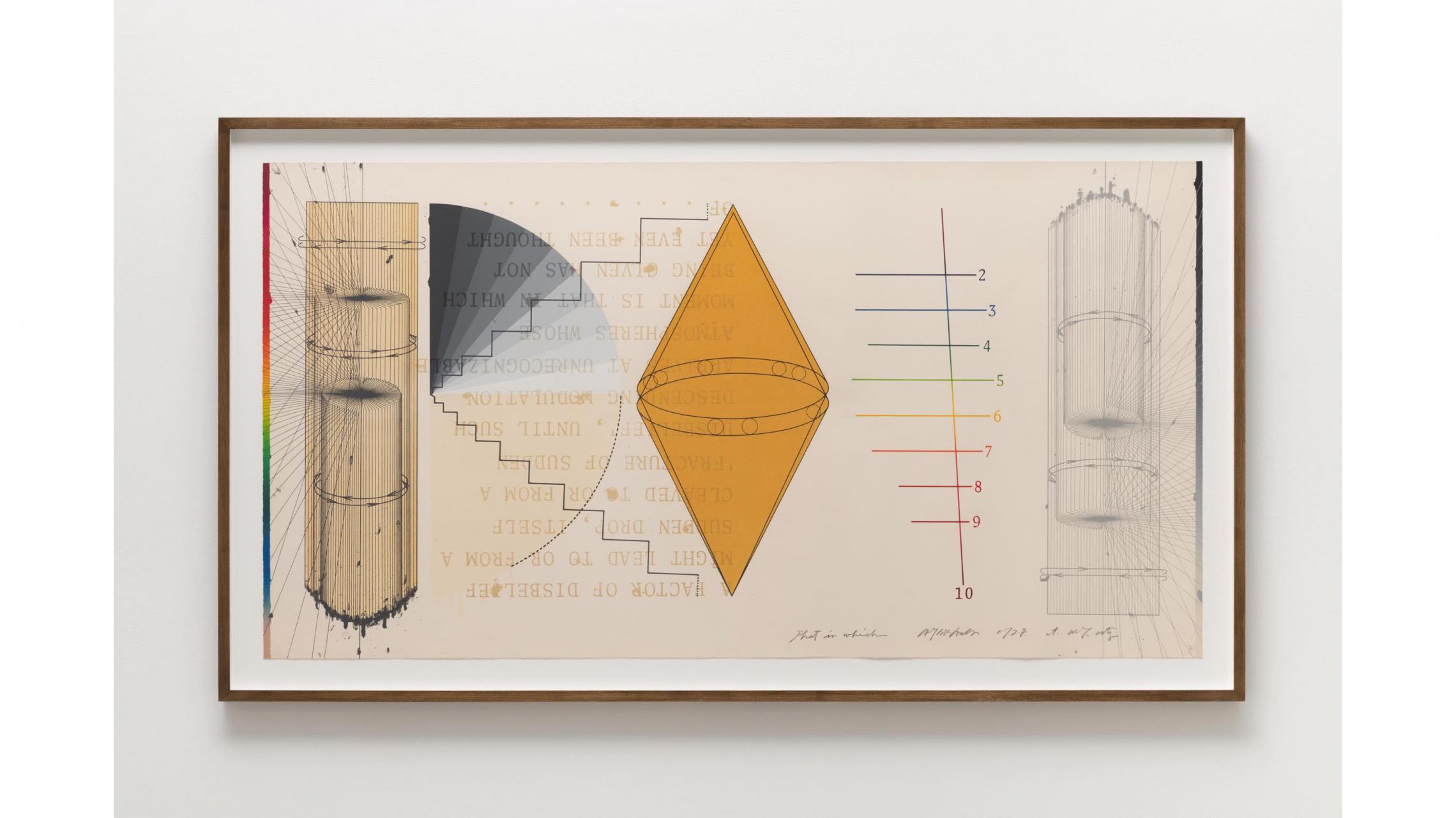 Shusaku Arakawa, THAT IN WHICH NO.3 , 1978, Color lithograph, silkscreen and collage on paper, 79 × 149.3 cm, Edition 25