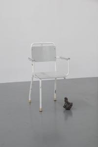"Who Are Interested in Us", 2019, stainless steel, wood, rubber, plastic, Chair : 96 x 56 x 45 (cm), Brolloli : 18 x 15 x 14 (cm) photo by Nobutada Omote