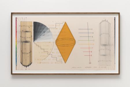 Shusaku Arakawa, "THAT IN WHICH NO.3", 1978, Color lithograph, silkscreen and collage on paper, 93 x 169 x 4.5 (cm)　photo by Nobutada Omote