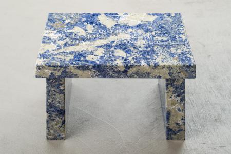 Jenny Holzer ”Selection from Truisms: Being happy is....)", 1977- 79, 2015, Sodalite Blue footstool, 43.2 x 63.5 x 40.6 (cm) photo by Nobutada Omote
