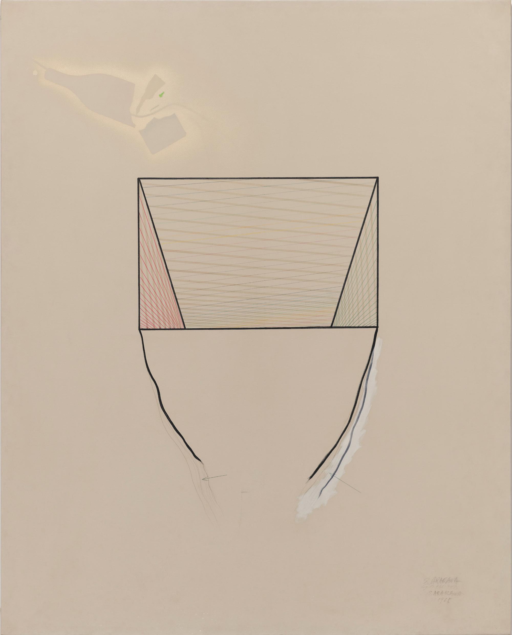 Arakawa, BOTTOMLESS No. 1, 1965, Ink and oil on canvas, 149.7 x 120 x 2.5 cm© 2020 Estate of Madeline Gins. Reproduced with permission of the Estate of Madeline Gins