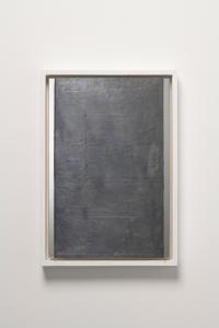 Toshikatsu Endo, Plan for ”Void - Lead Coffin” No. 2, 2022, lead, mirror, pencil, putty, 49.5 x 34.5 x 6 cm